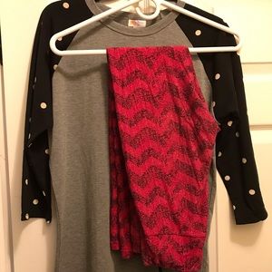 Lularoe Outfit.Medium grey, black, polka dot Randy pink and black OS leggings.